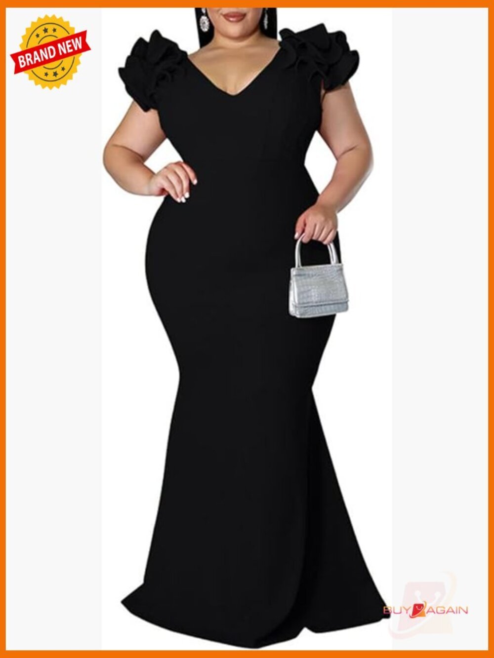 Women's Plus Size V-Neck Ruffle Sleeve Maxi Dress Mermaid Evening Gown